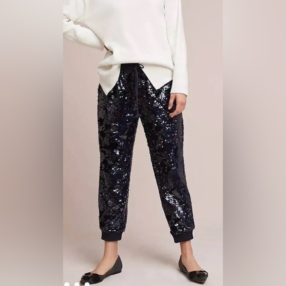Anthropologie ett:twa Women's Sequin Velvet Dark Blue Elastic Waist Joggers L - Picture 1 of 8